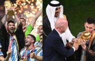 ليونيل ميسي يرتدي عباءة من أمير قطر ويرفع كأس العالم 2022